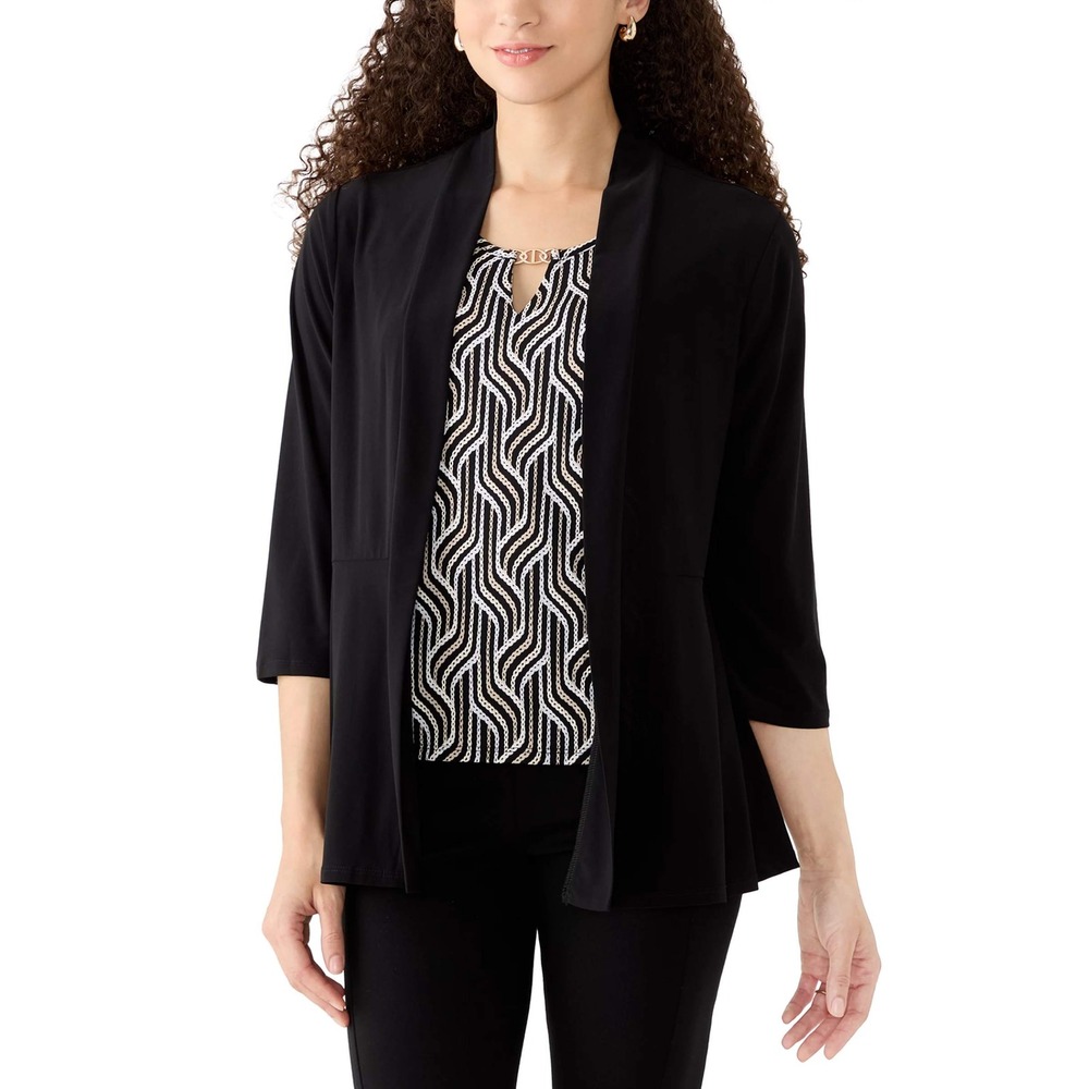 MSRP $69 Alfred Dunner Seville L Black Keyhole Stitch 2-in-1 Cardigan Top 3/4